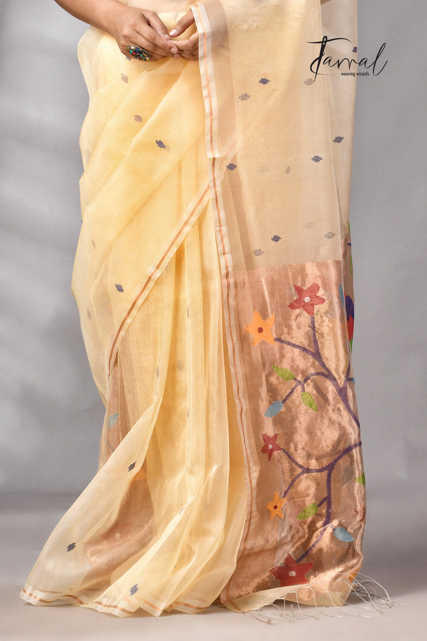 Beige with golden Zari pathani handwoven jamdani saree