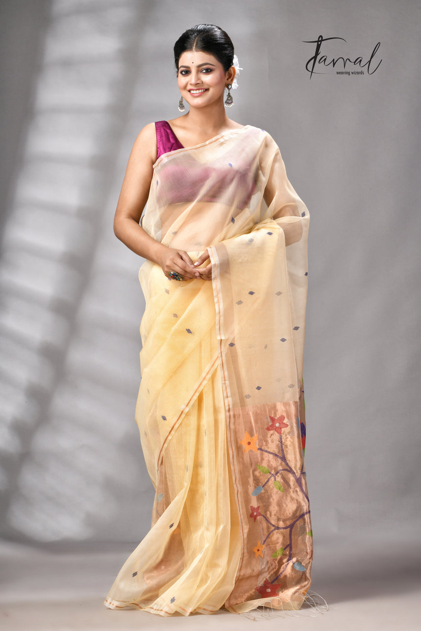 Beige with golden Zari pathani handwoven jamdani saree