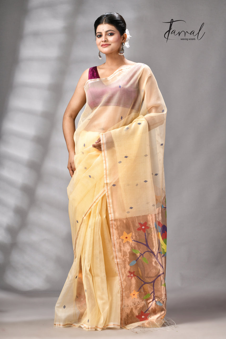 Beige with golden Zari pathani handwoven jamdani saree