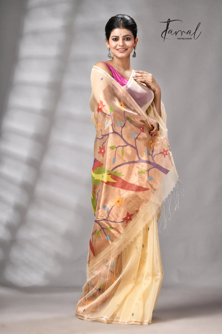 Beige with golden Zari pathani handwoven jamdani saree