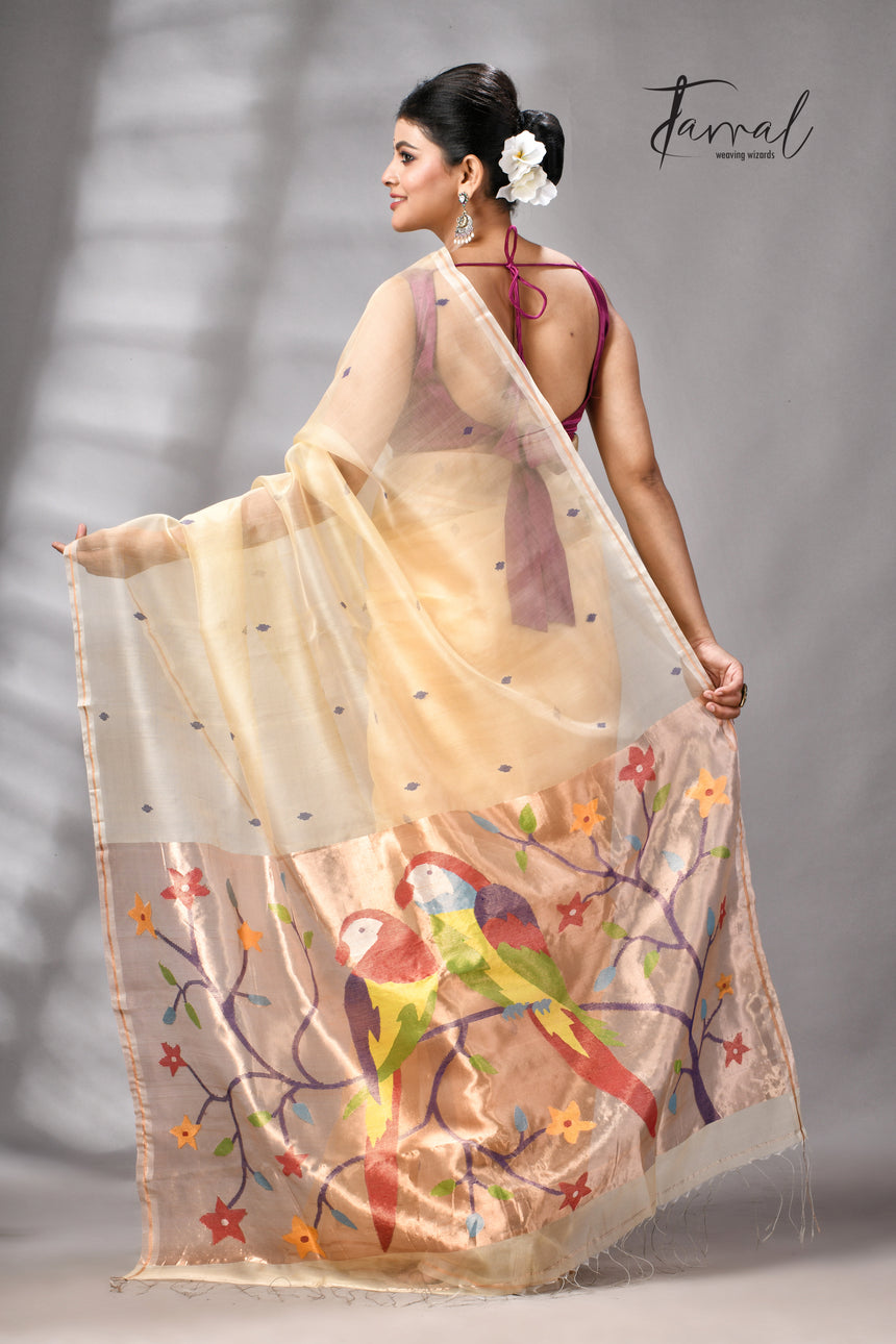 Beige with golden Zari pathani handwoven jamdani saree