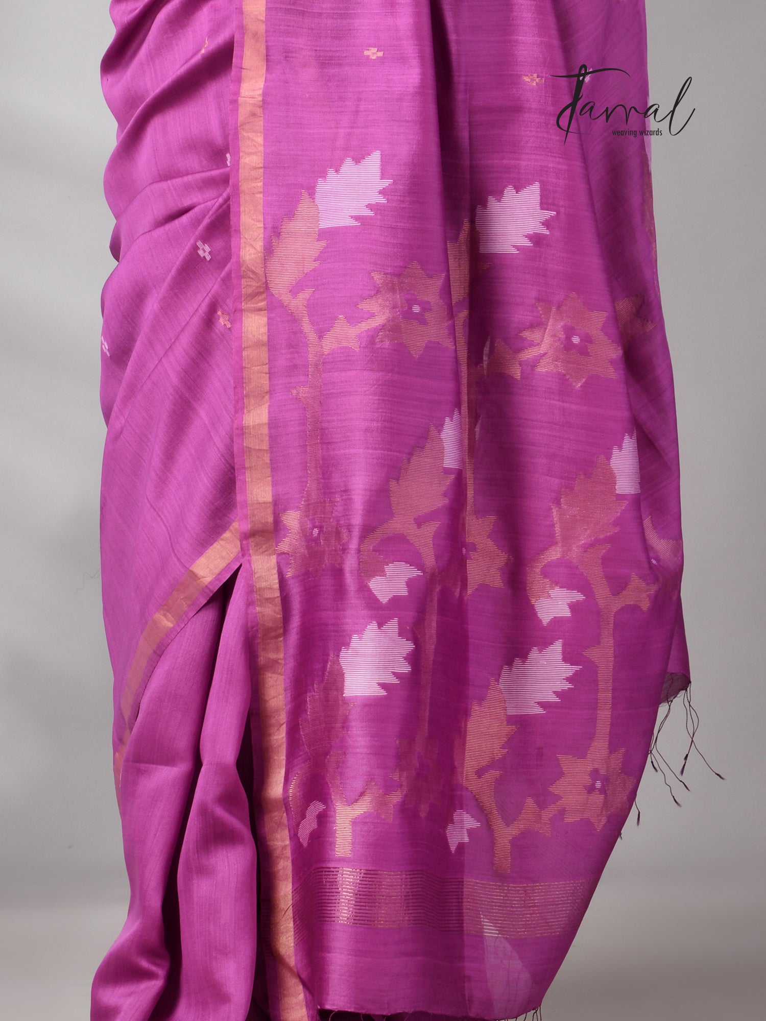 Magenta with zari border mulberry silk handwoven jamdani saree