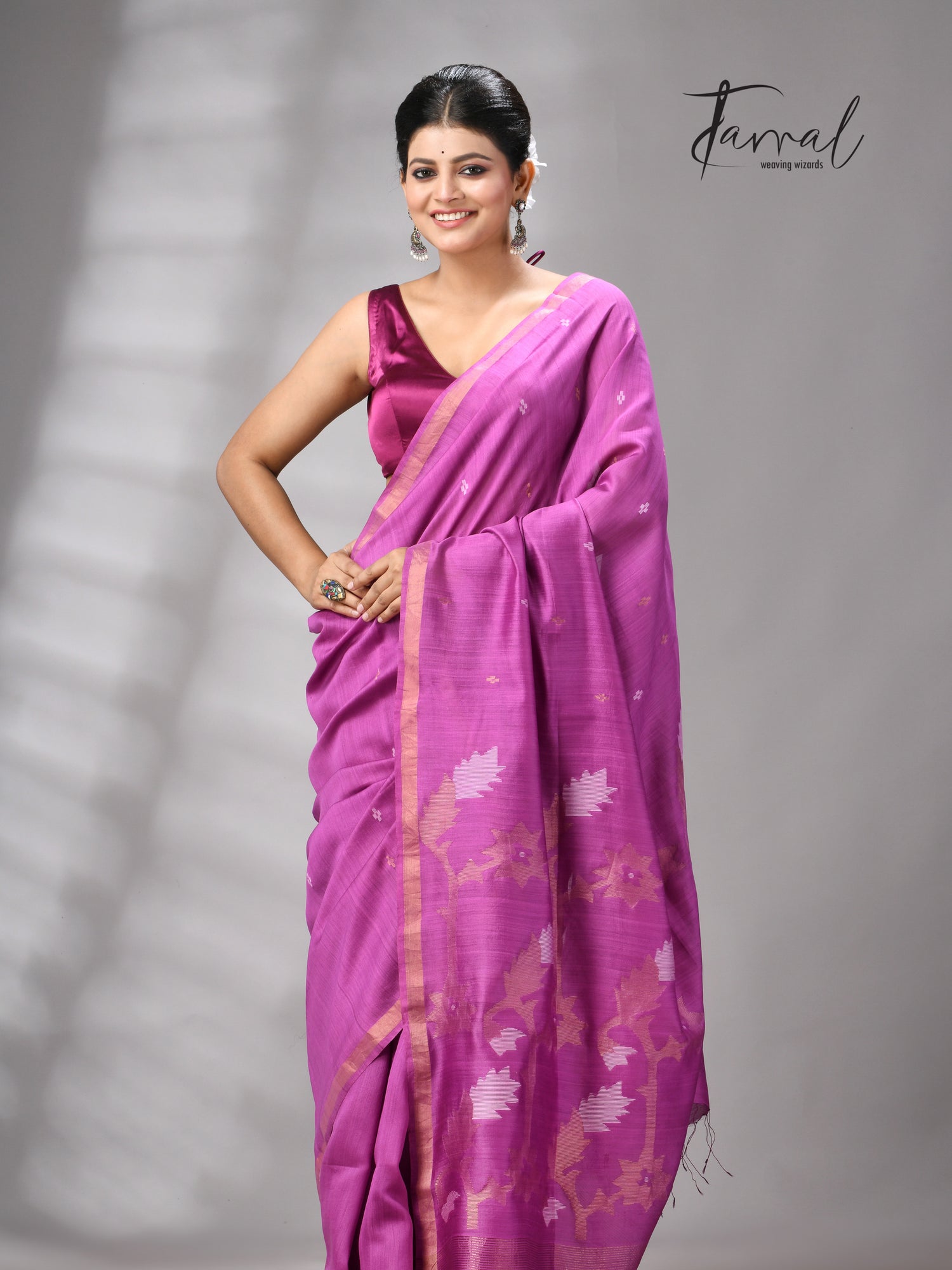 Magenta with zari border mulberry silk handwoven jamdani saree