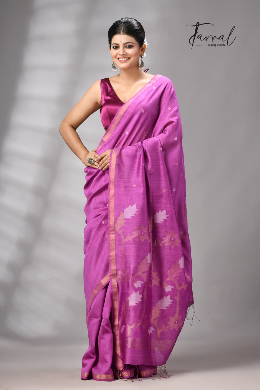 Magenta with zari border mulberry silk handwoven jamdani saree
