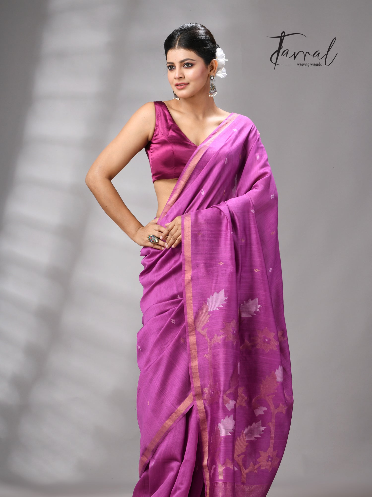 Magenta with zari border mulberry silk handwoven jamdani saree