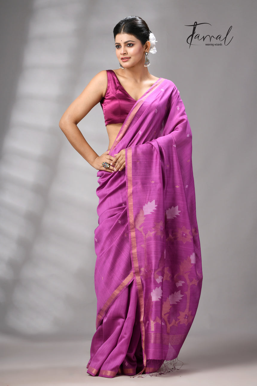 Magenta with zari border mulberry silk handwoven jamdani saree