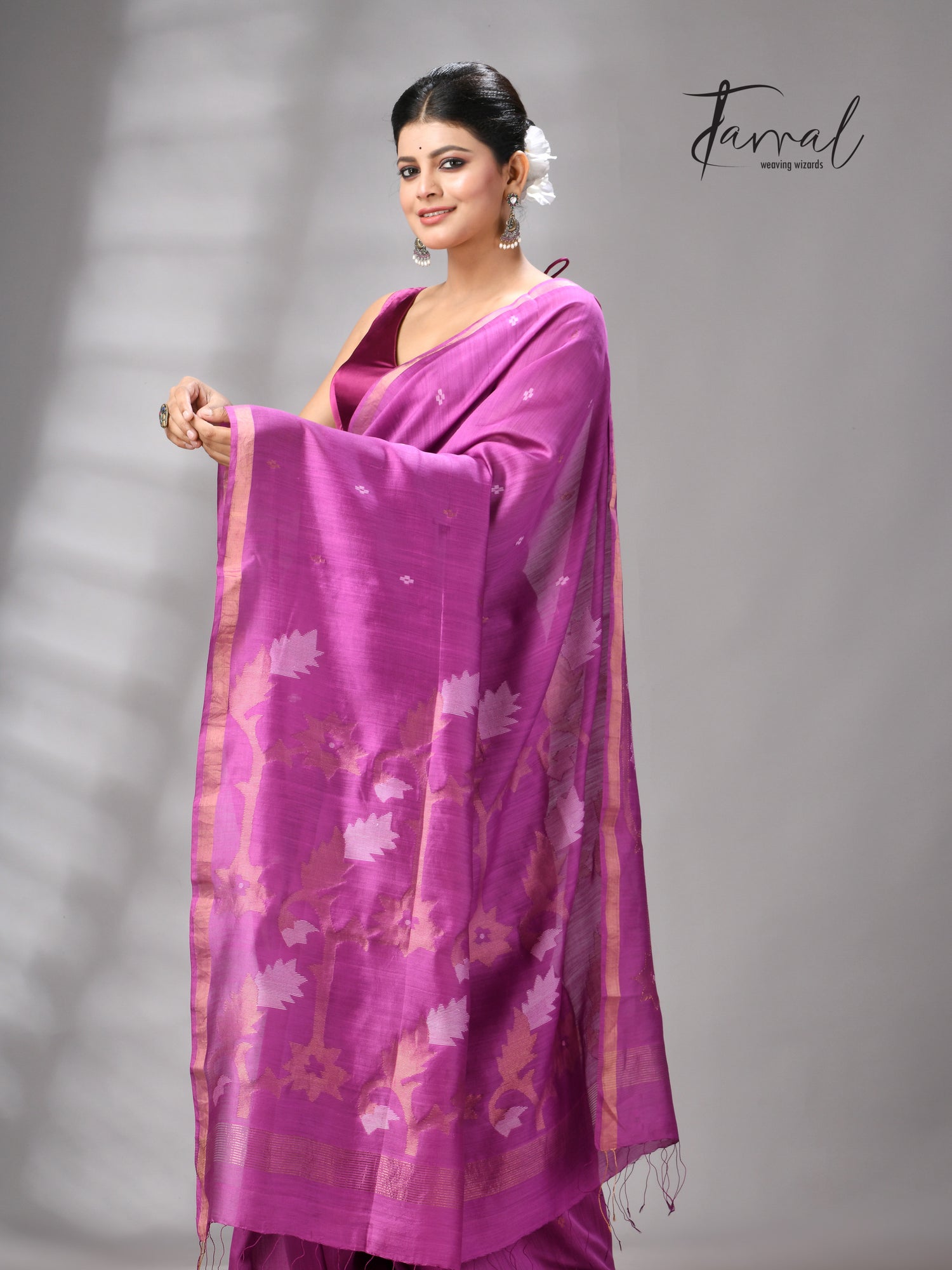 Magenta with zari border mulberry silk handwoven jamdani saree
