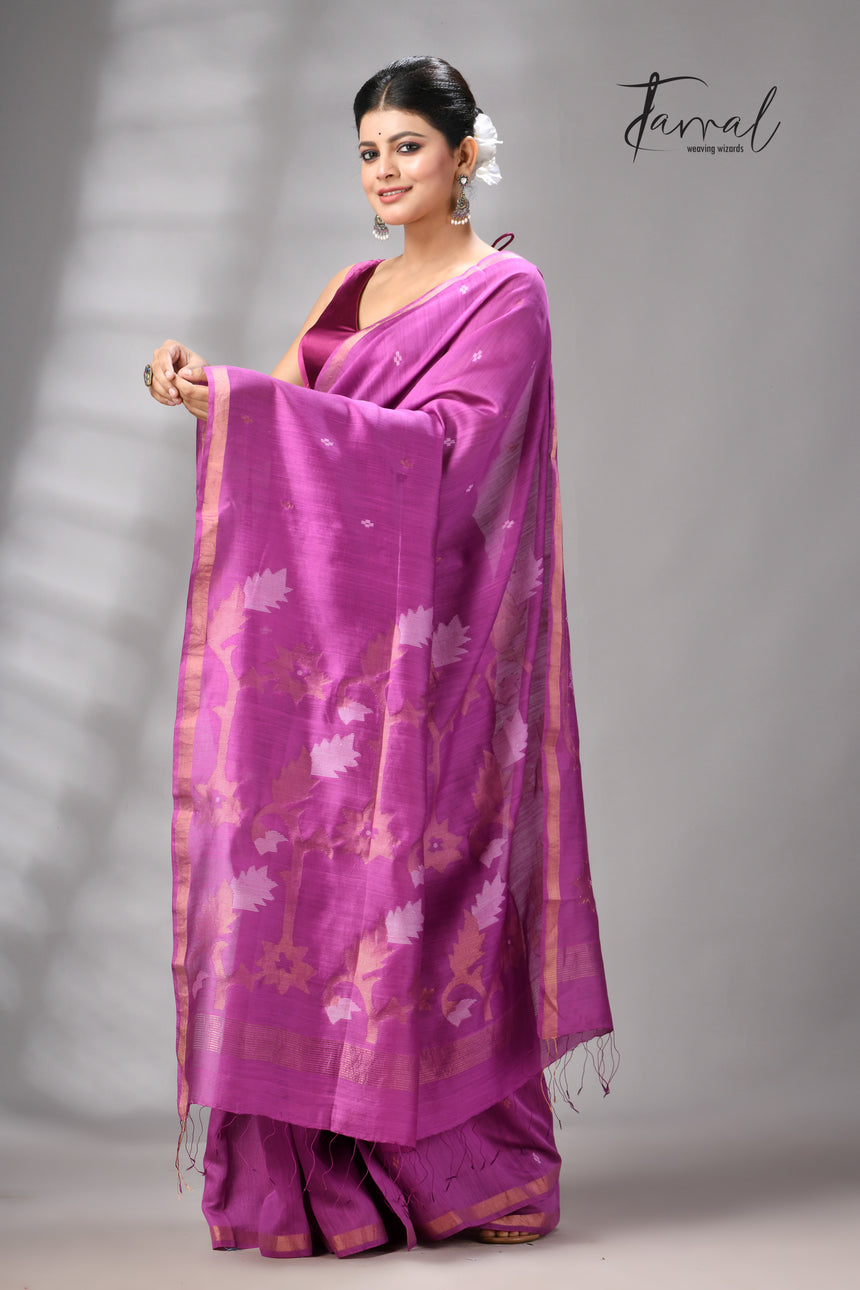 Magenta with zari border mulberry silk handwoven jamdani saree
