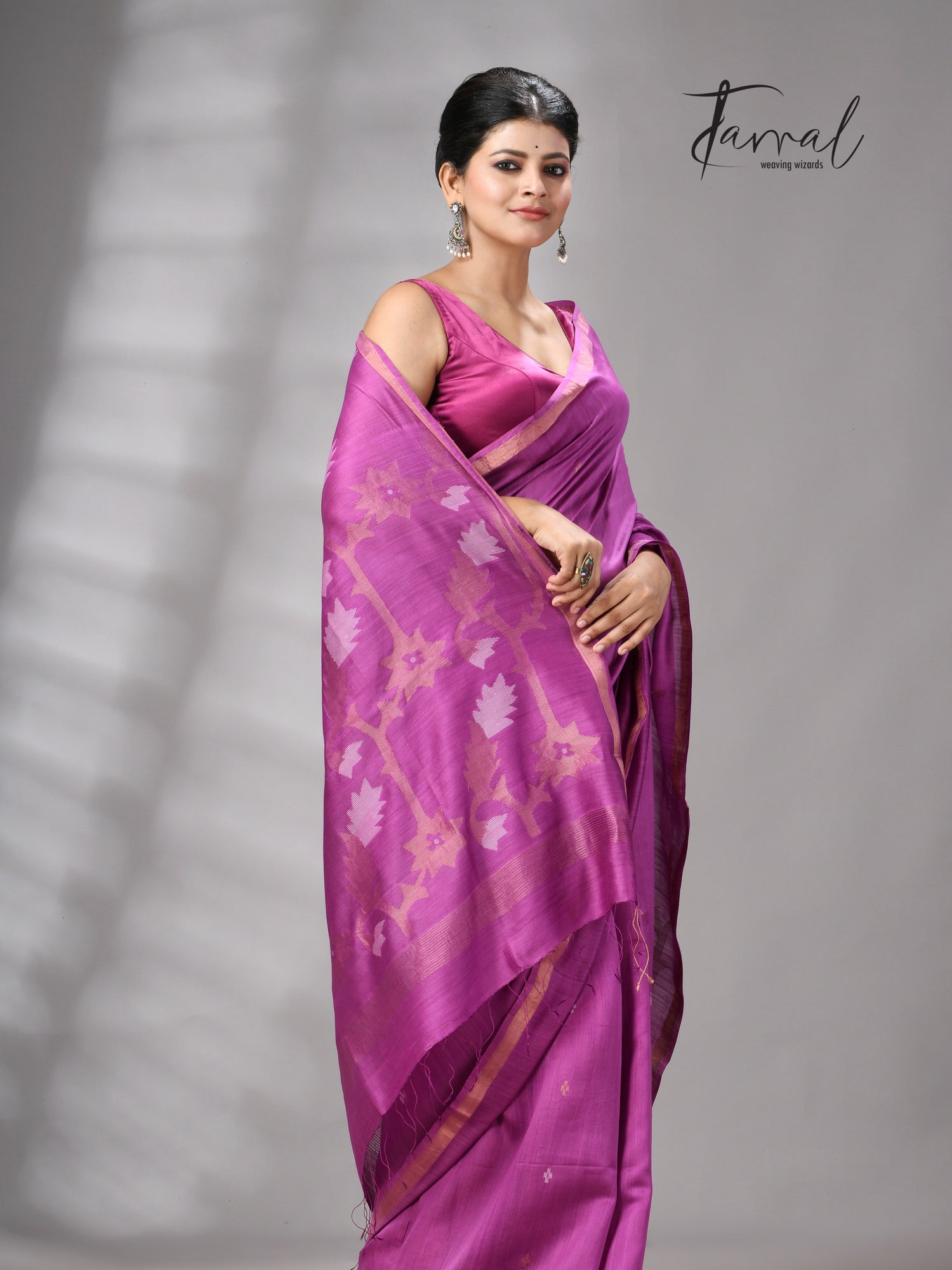 Magenta with zari border mulberry silk handwoven jamdani saree