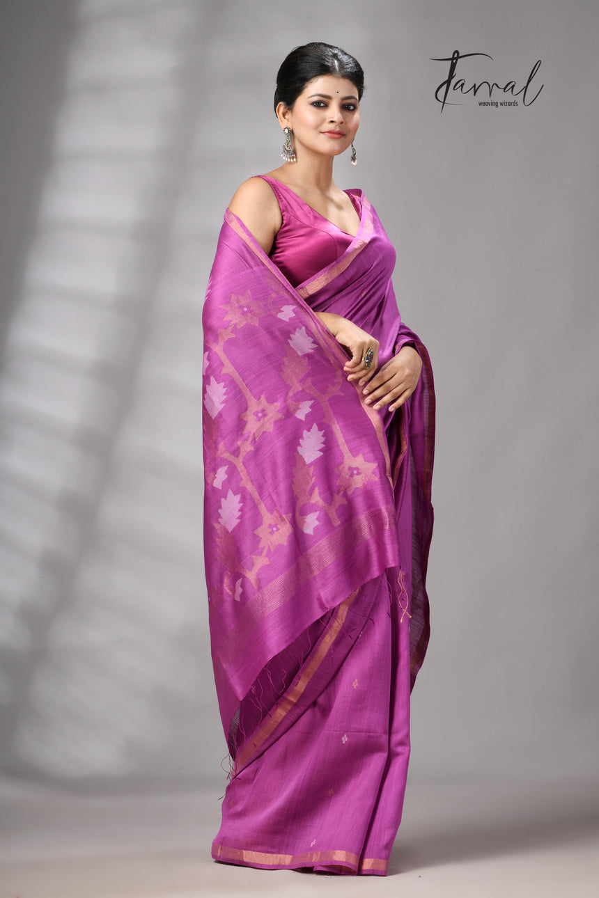 Magenta with zari border mulberry silk handwoven jamdani saree