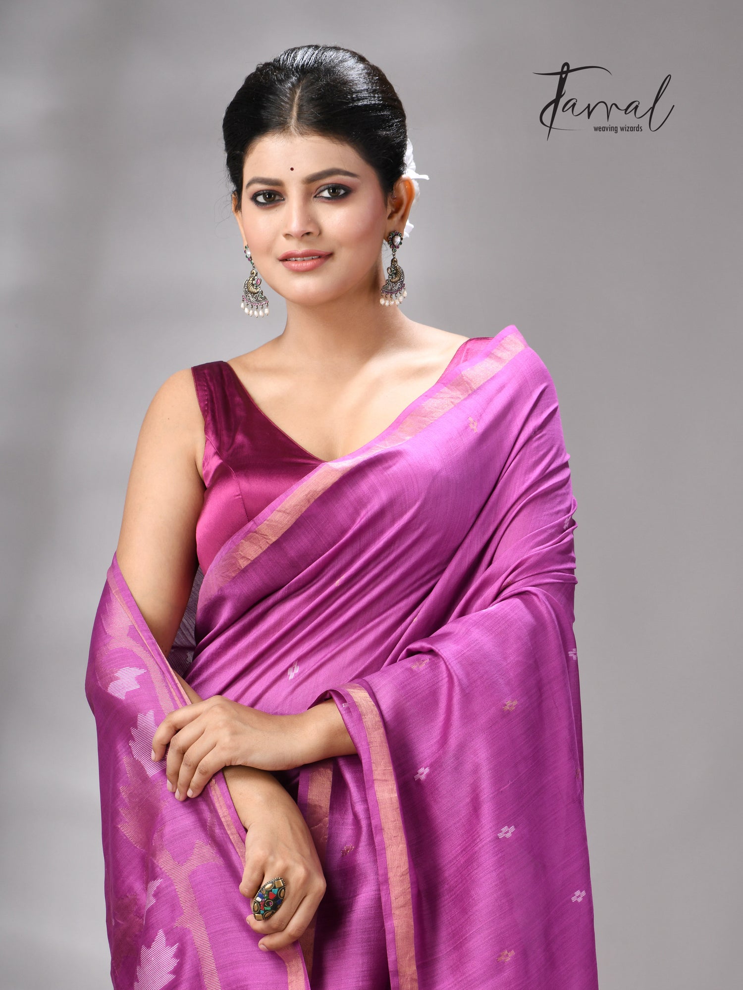 Magenta with zari border mulberry silk handwoven jamdani saree
