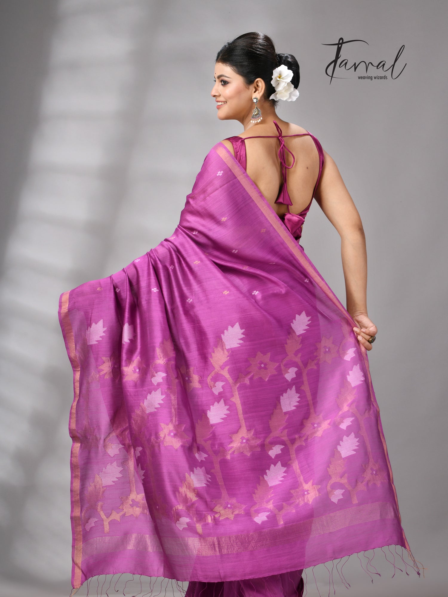 Magenta with zari border mulberry silk handwoven jamdani saree