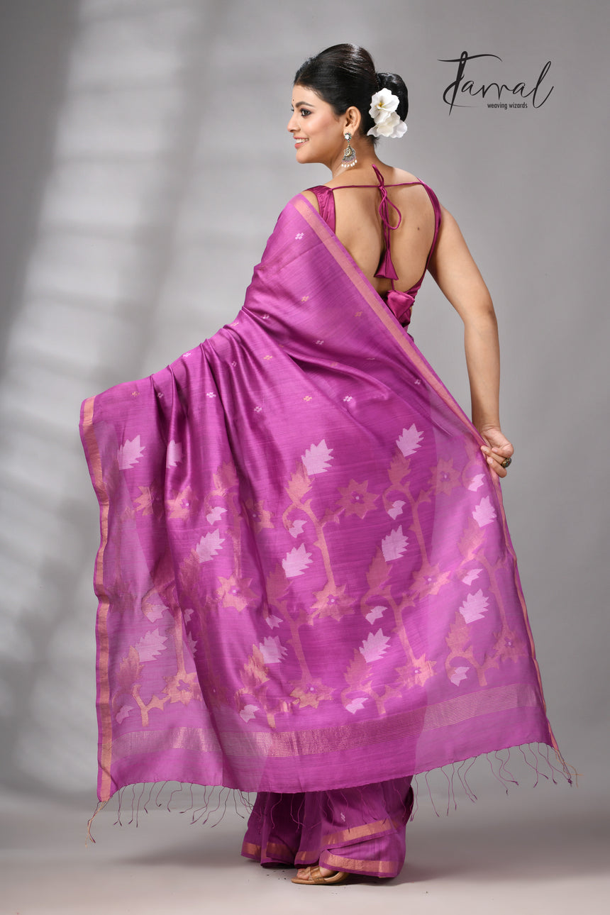 Magenta with zari border mulberry silk handwoven jamdani saree