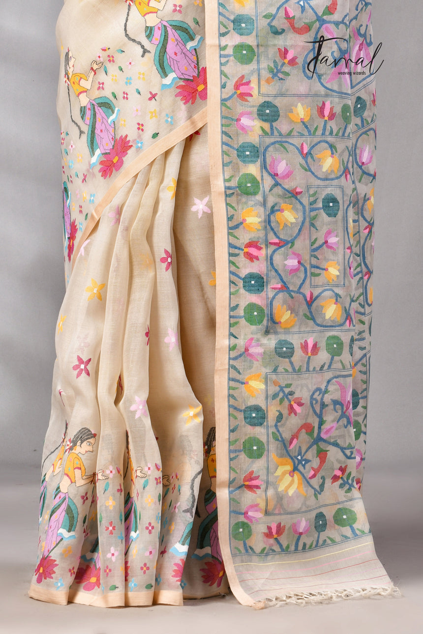Offwhite with multicolour Shakuntala them handwoven muslin silk jamdani saree