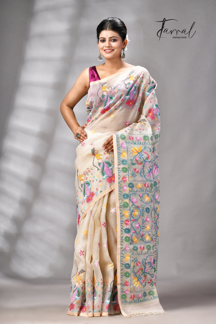 Offwhite with multicolour Shakuntala them handwoven muslin silk jamdani saree