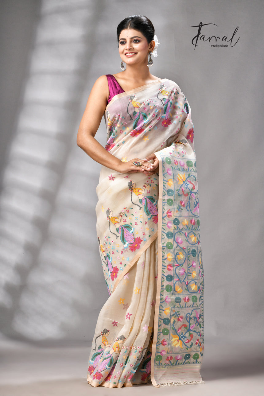 Offwhite with multicolour Shakuntala them handwoven muslin silk jamdani saree