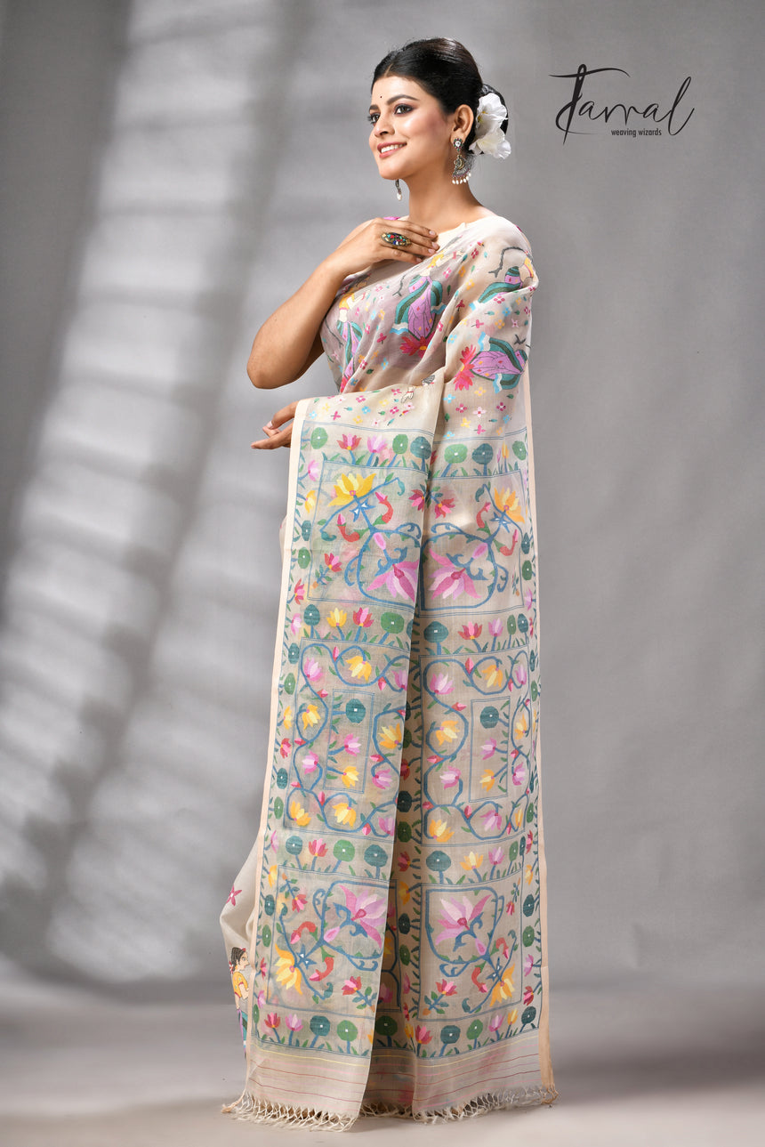 Offwhite with multicolour Shakuntala them handwoven muslin silk jamdani saree