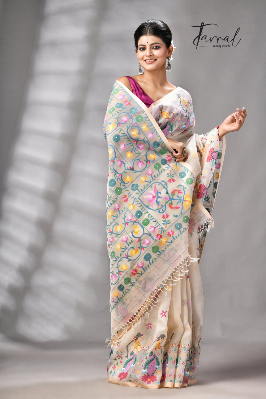 Offwhite with multicolour Shakuntala them handwoven muslin silk jamdani saree