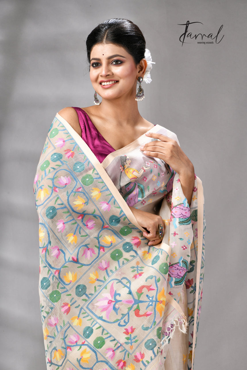 Offwhite with multicolour Shakuntala them handwoven muslin silk jamdani saree