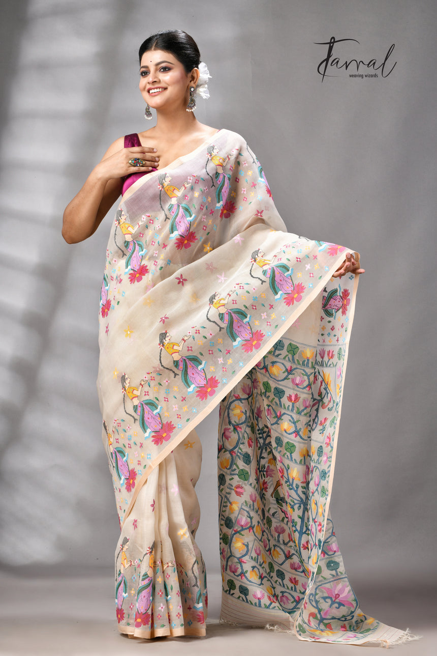 Offwhite with multicolour Shakuntala them handwoven muslin silk jamdani saree
