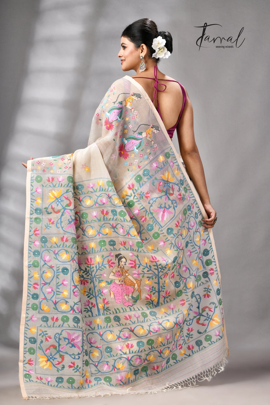 Offwhite with multicolour Shakuntala them handwoven muslin silk jamdani saree