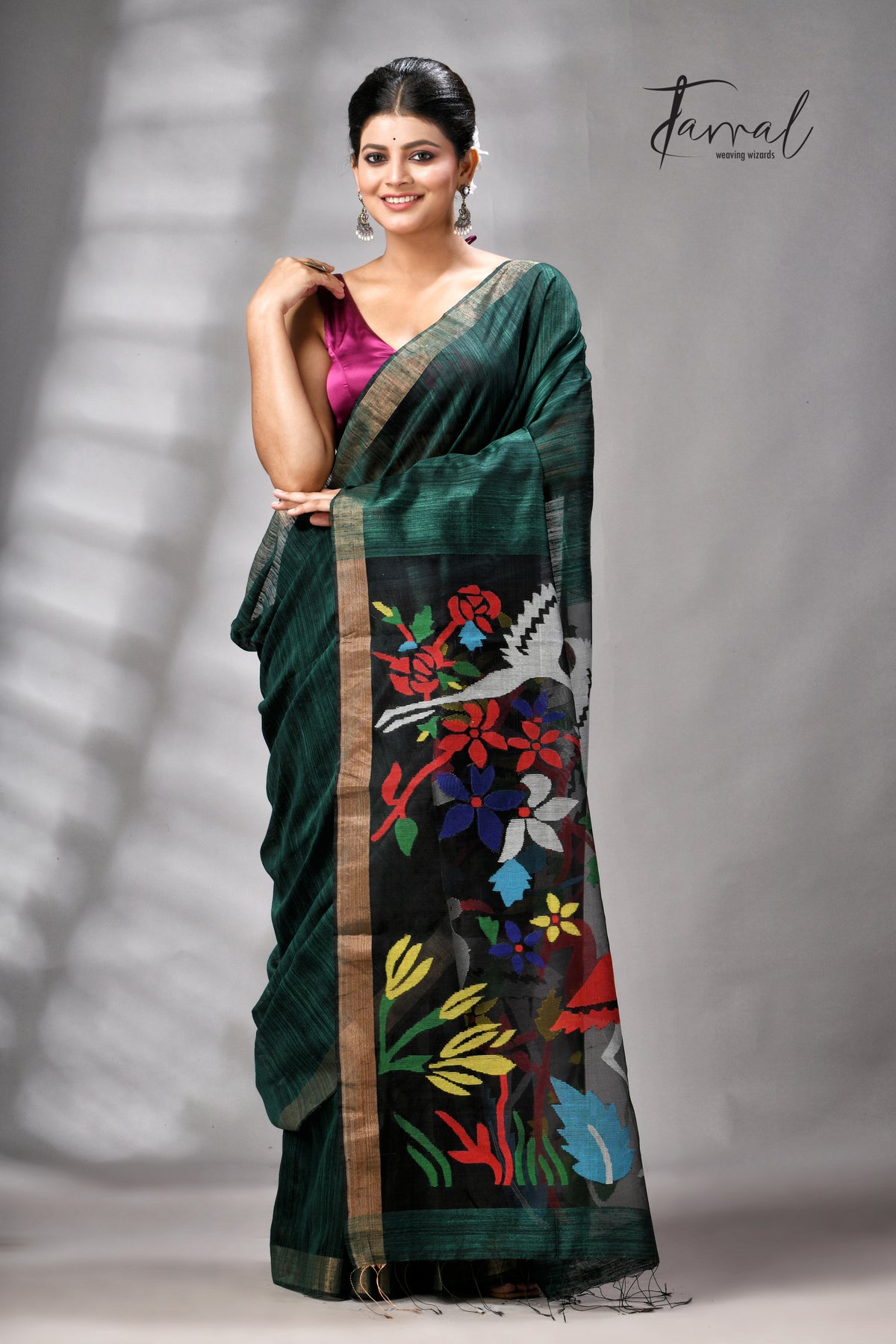 Bottle Green Matka Silk Handwoven Jamdani Saree | Floral & Bird Motifs | Silk Mark Certified | Tamal Boutique