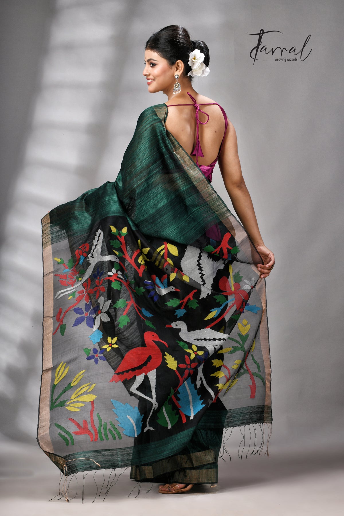 Bottle Green Matka Silk Handwoven Jamdani Saree | Floral & Bird Motifs | Silk Mark Certified | Tamal Boutique
