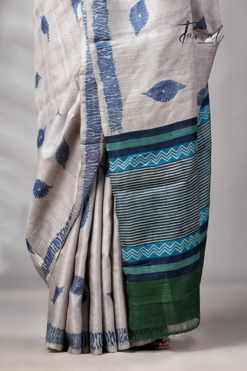 Grey With Blue Pure Tussar Silk Shibori Handloom Saree