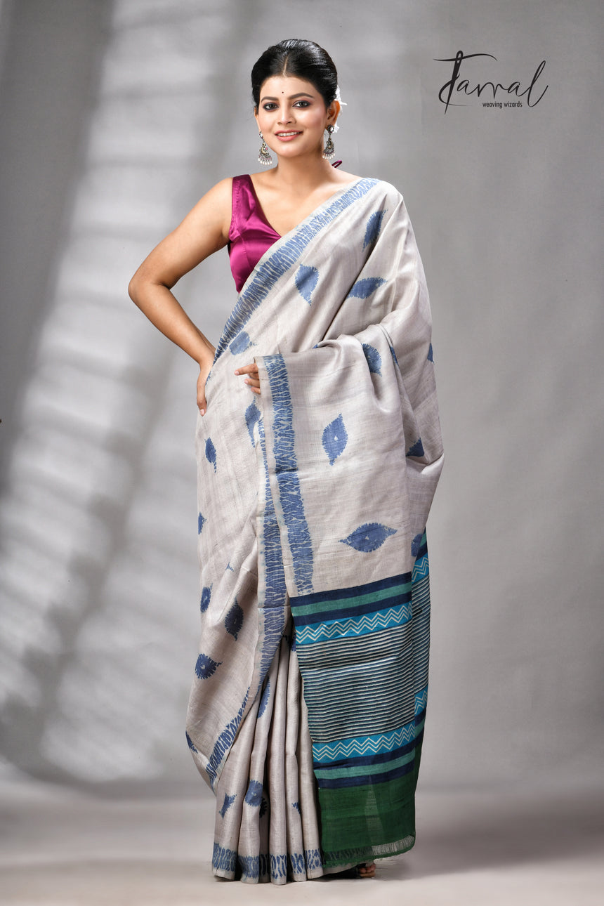 Grey With Blue Pure Tussar Silk Shibori Handloom Saree