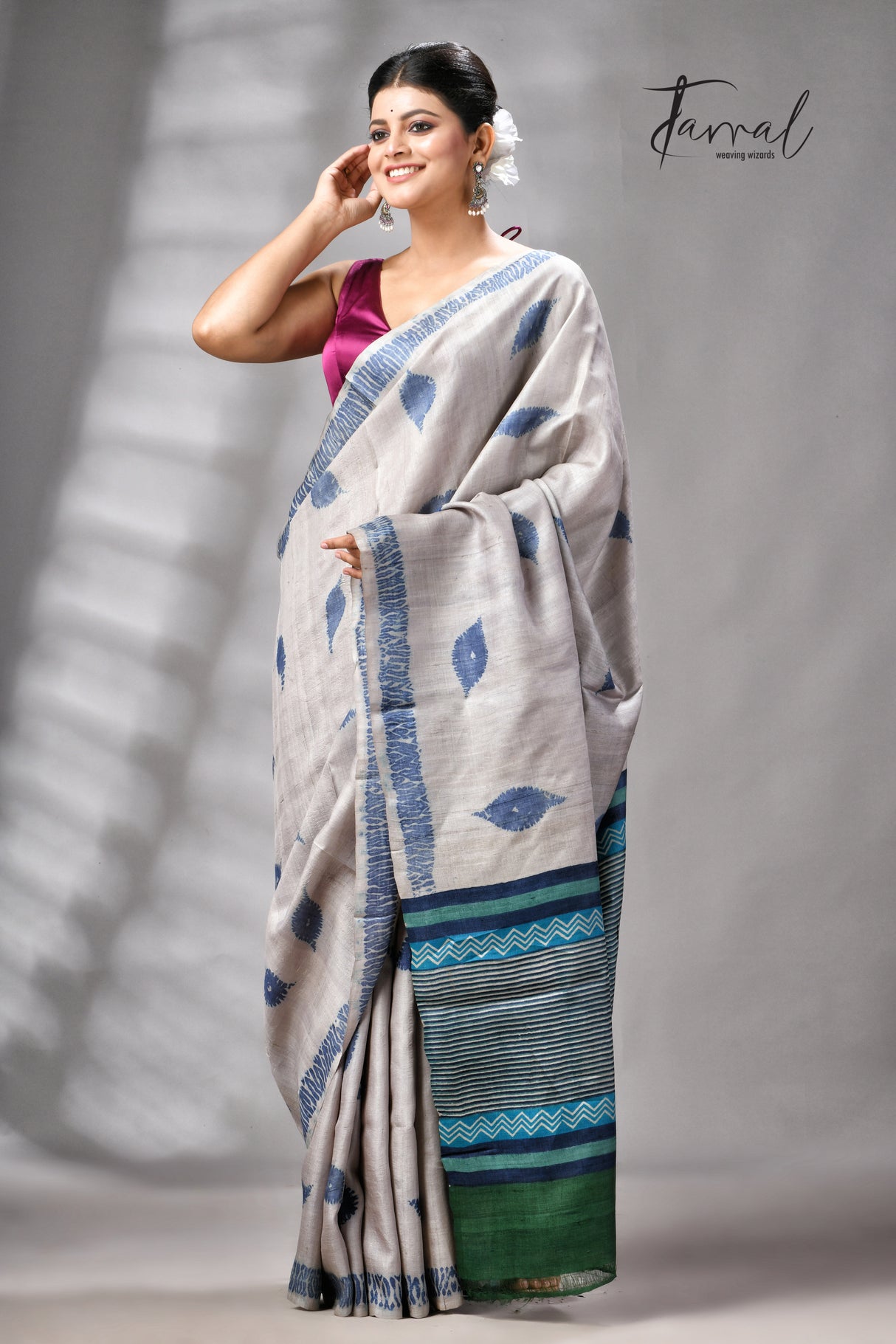 Grey With Blue Pure Tussar Silk Shibori Handloom Saree