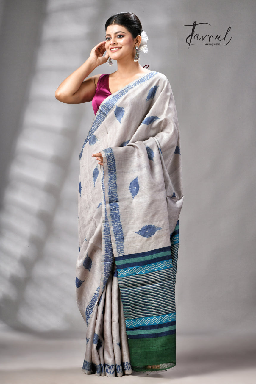 Grey With Blue Pure Tussar Silk Shibori Handloom Saree