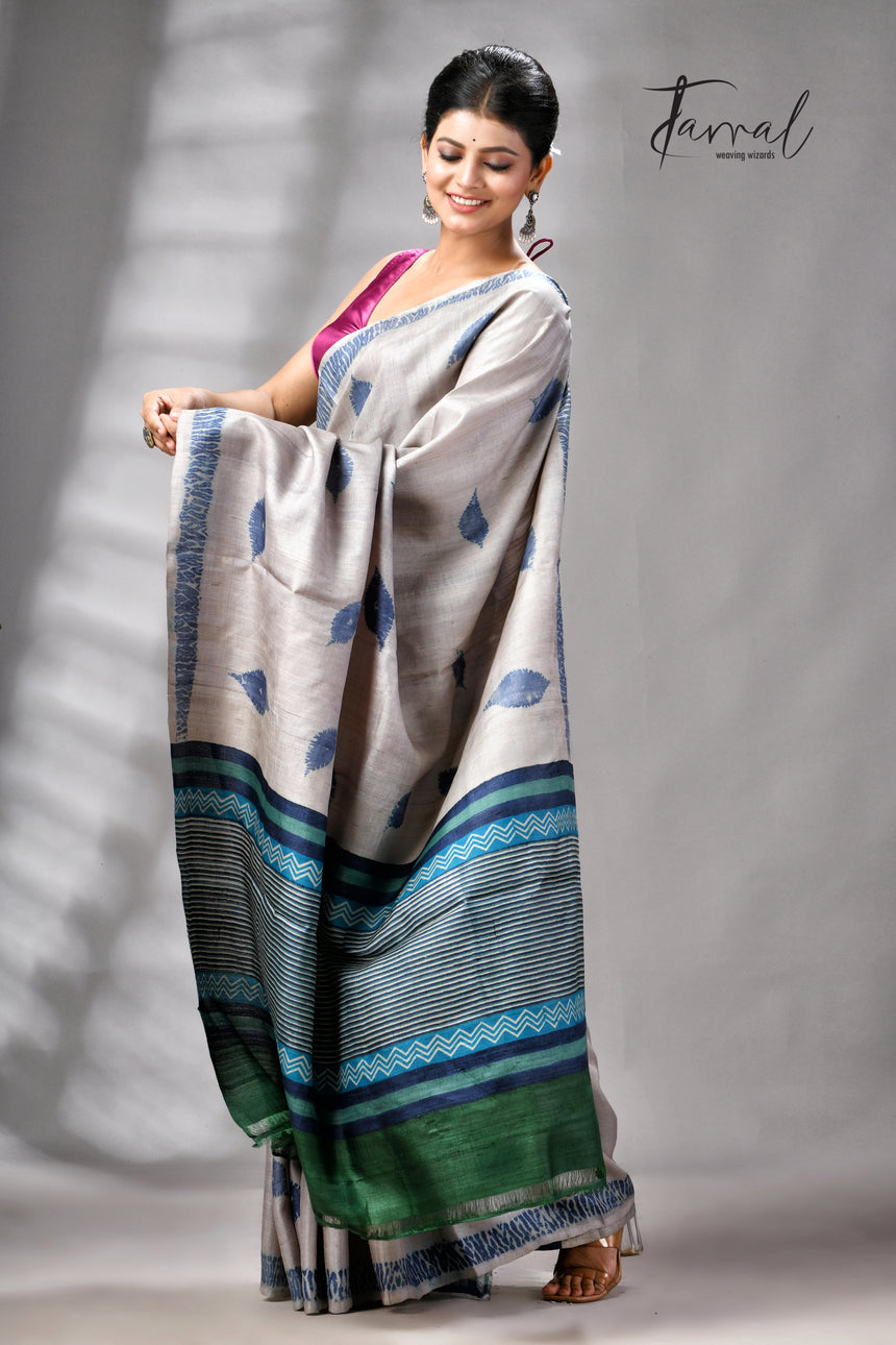 Grey With Blue Pure Tussar Silk Shibori Handloom Saree