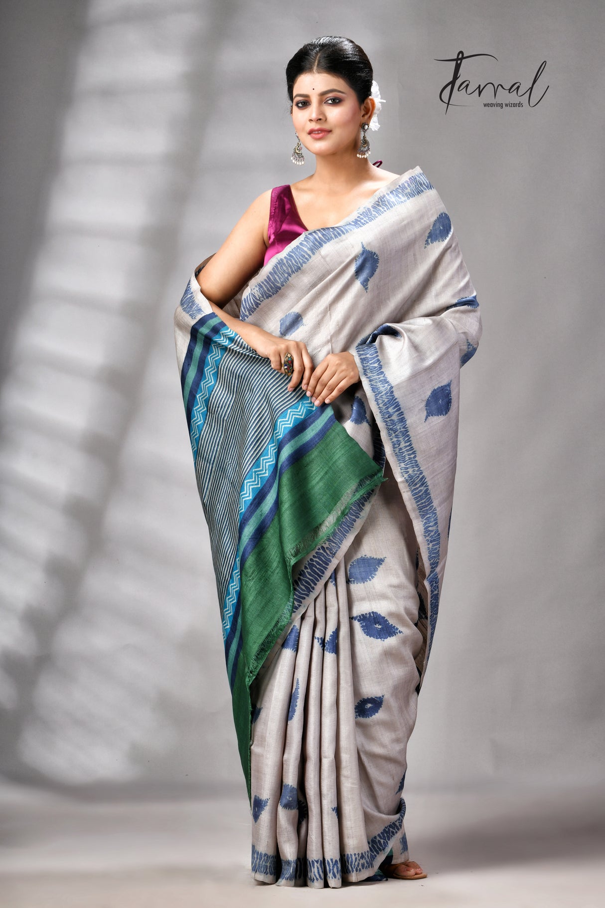 Grey With Blue Pure Tussar Silk Shibori Handloom Saree