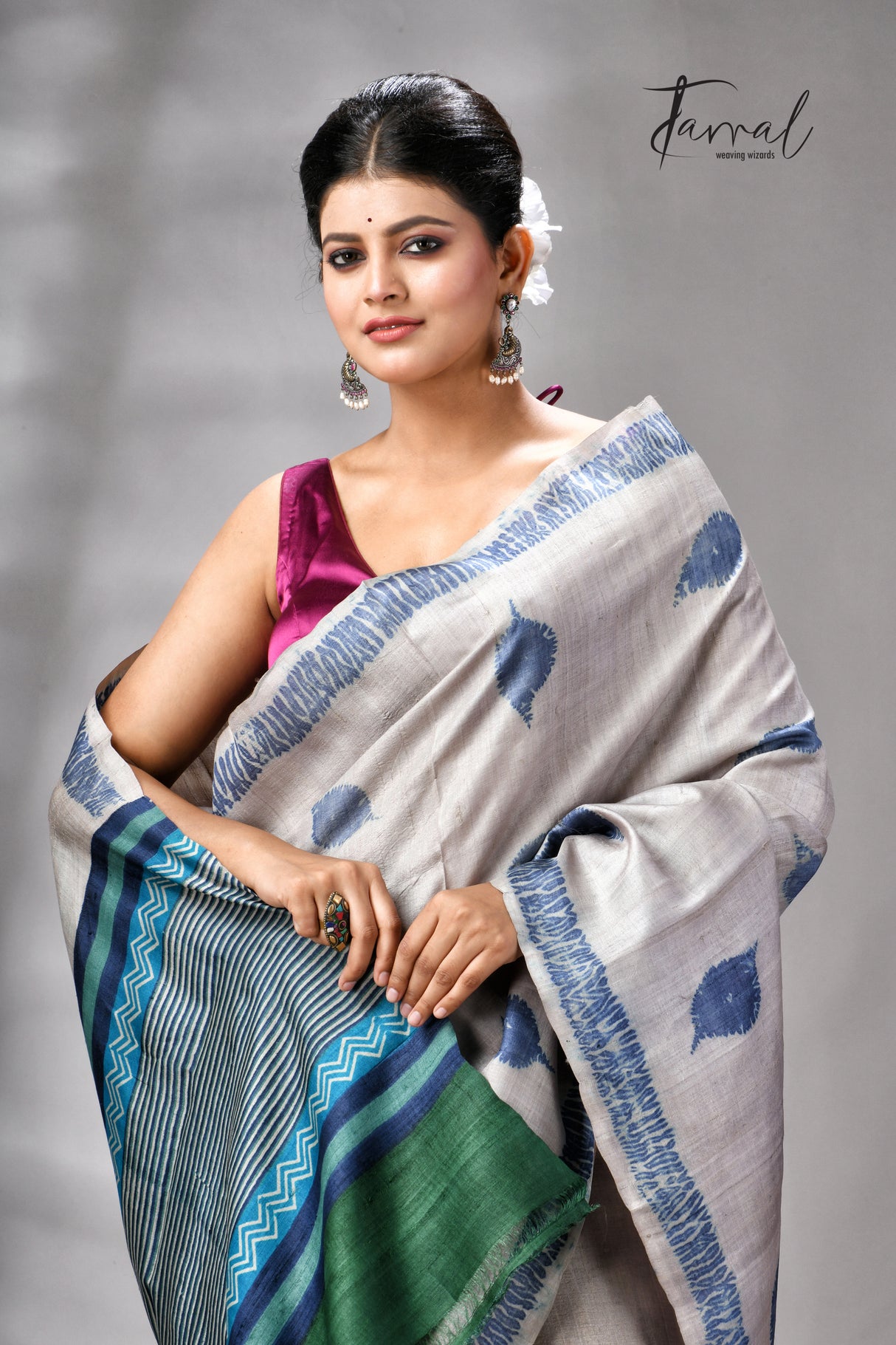 Grey With Blue Pure Tussar Silk Shibori Handloom Saree