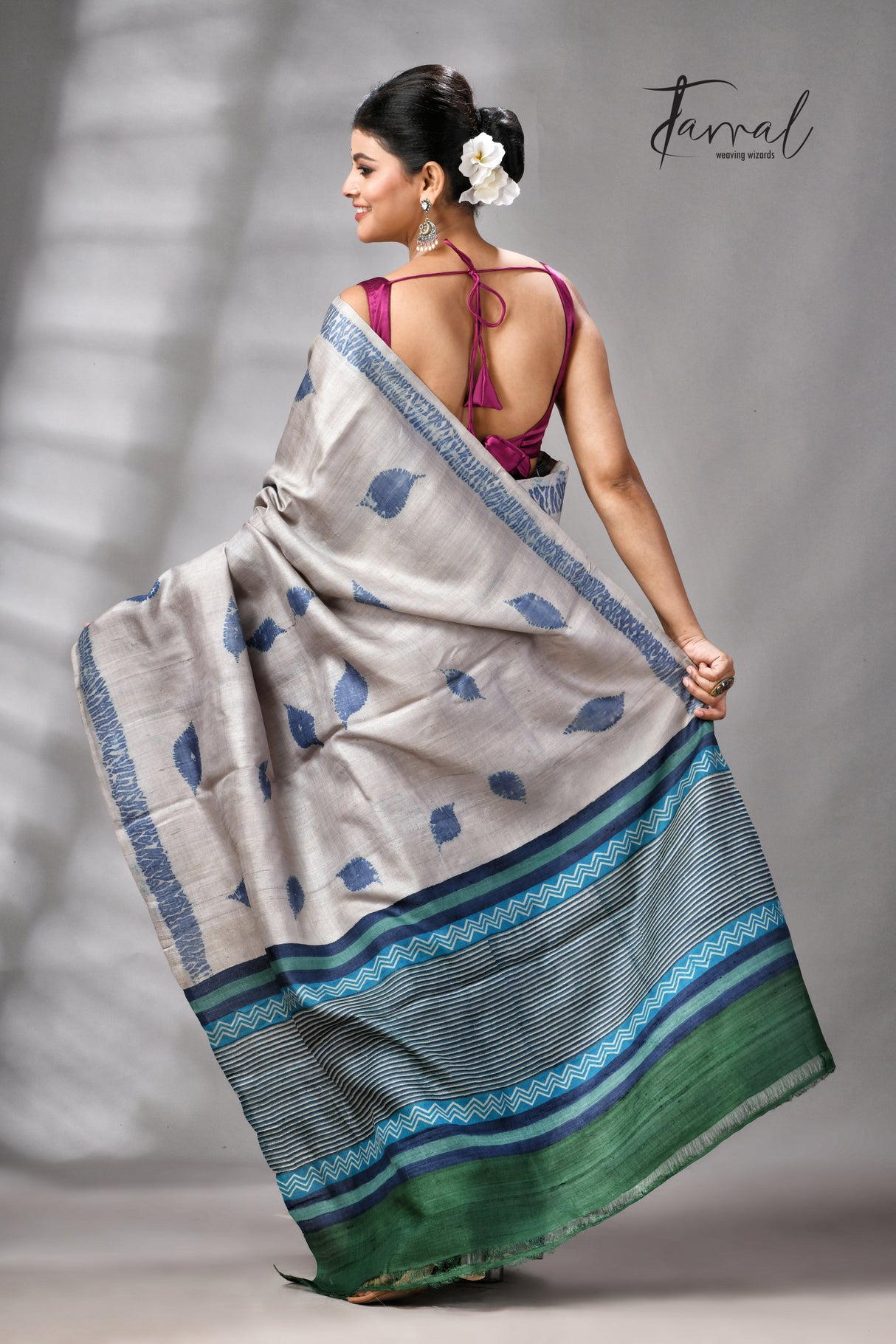 Grey With Blue Pure Tussar Silk Shibori Handloom Saree