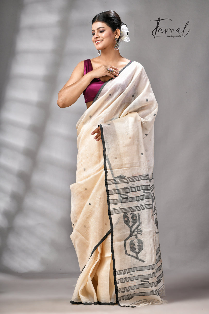 Light Beige With Black Pure Tussar Silk Handwoven Jamdani Saree