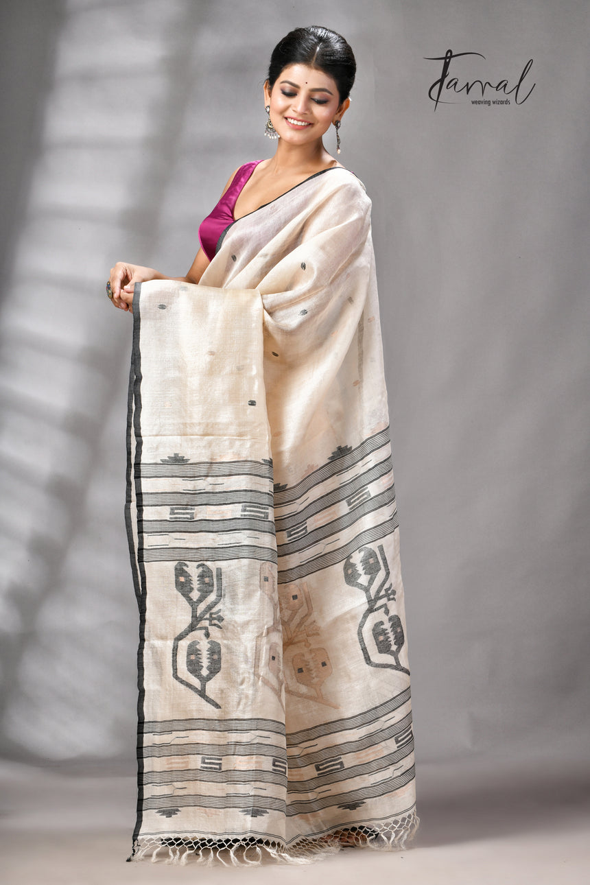 Light Beige With Black Pure Tussar Silk Handwoven Jamdani Saree