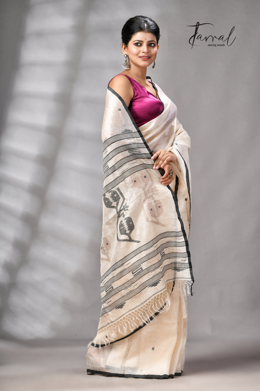 Light Beige With Black Pure Tussar Silk Handwoven Jamdani Saree