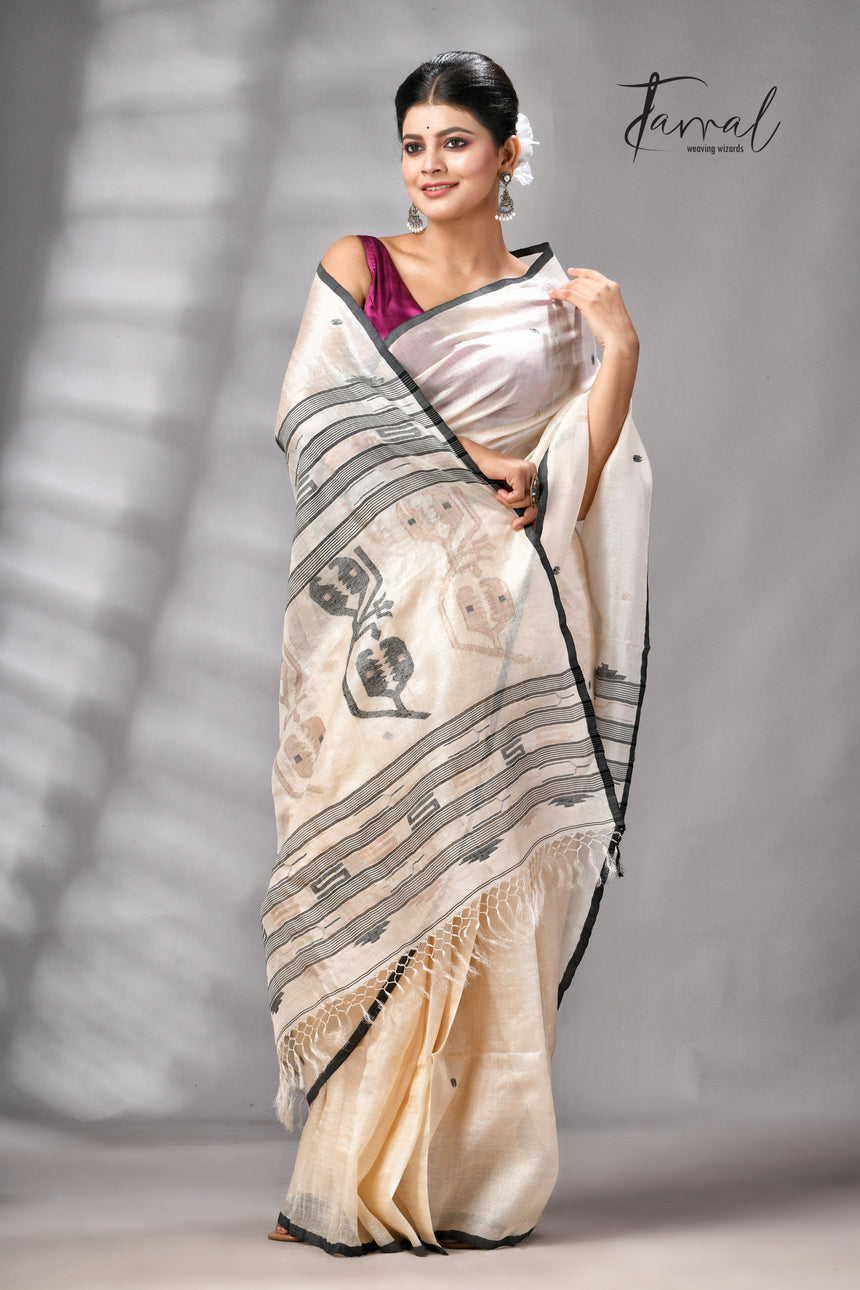Light Beige With Black Pure Tussar Silk Handwoven Jamdani Saree