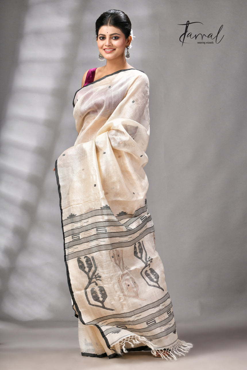 Light Beige With Black Pure Tussar Silk Handwoven Jamdani Saree