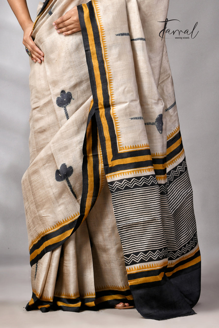 Muga With Golden Yellow & Black Pure Tussar Silk Hand Block Print Saree