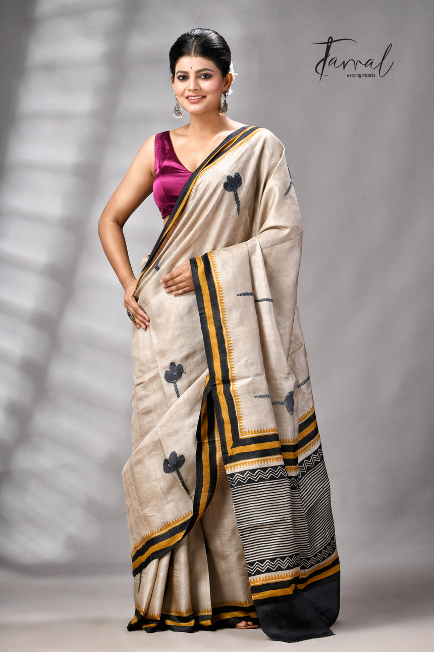 Muga With Golden Yellow & Black Pure Tussar Silk Hand Block Print Saree