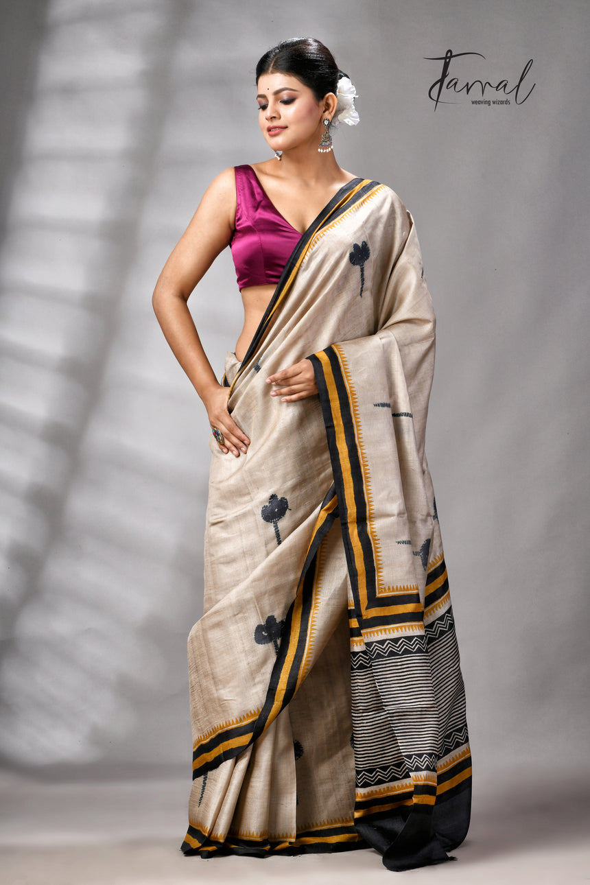 Muga With Golden Yellow & Black Pure Tussar Silk Hand Block Print Saree