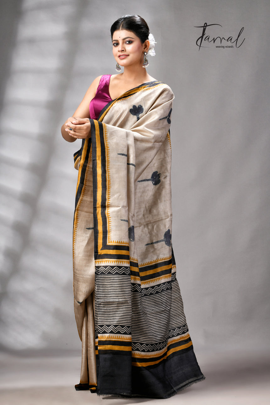 Muga With Golden Yellow & Black Pure Tussar Silk Hand Block Print Saree
