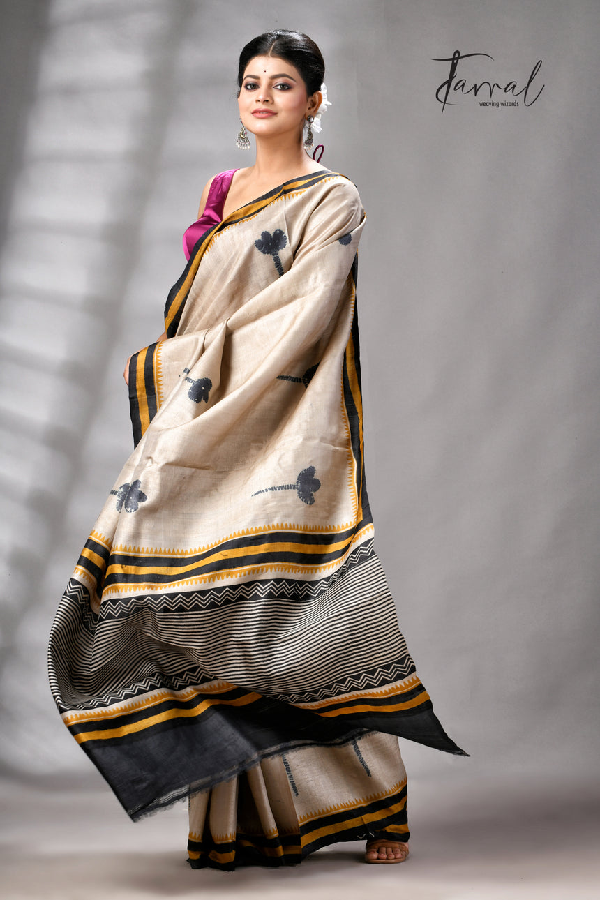 Muga With Golden Yellow & Black Pure Tussar Silk Hand Block Print Saree