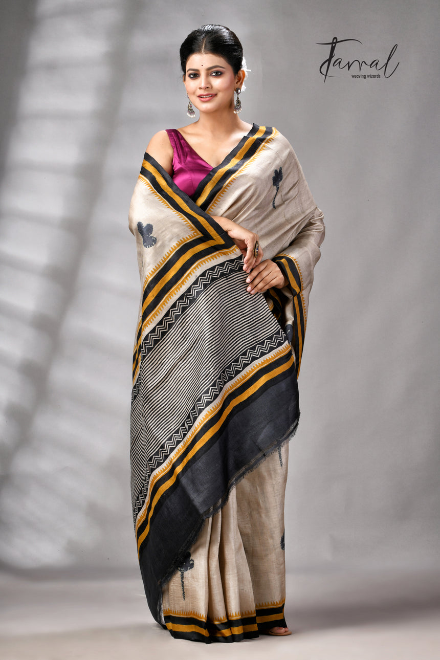Muga With Golden Yellow & Black Pure Tussar Silk Hand Block Print Saree