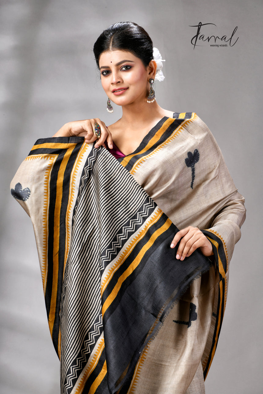 Muga With Golden Yellow & Black Pure Tussar Silk Hand Block Print Saree