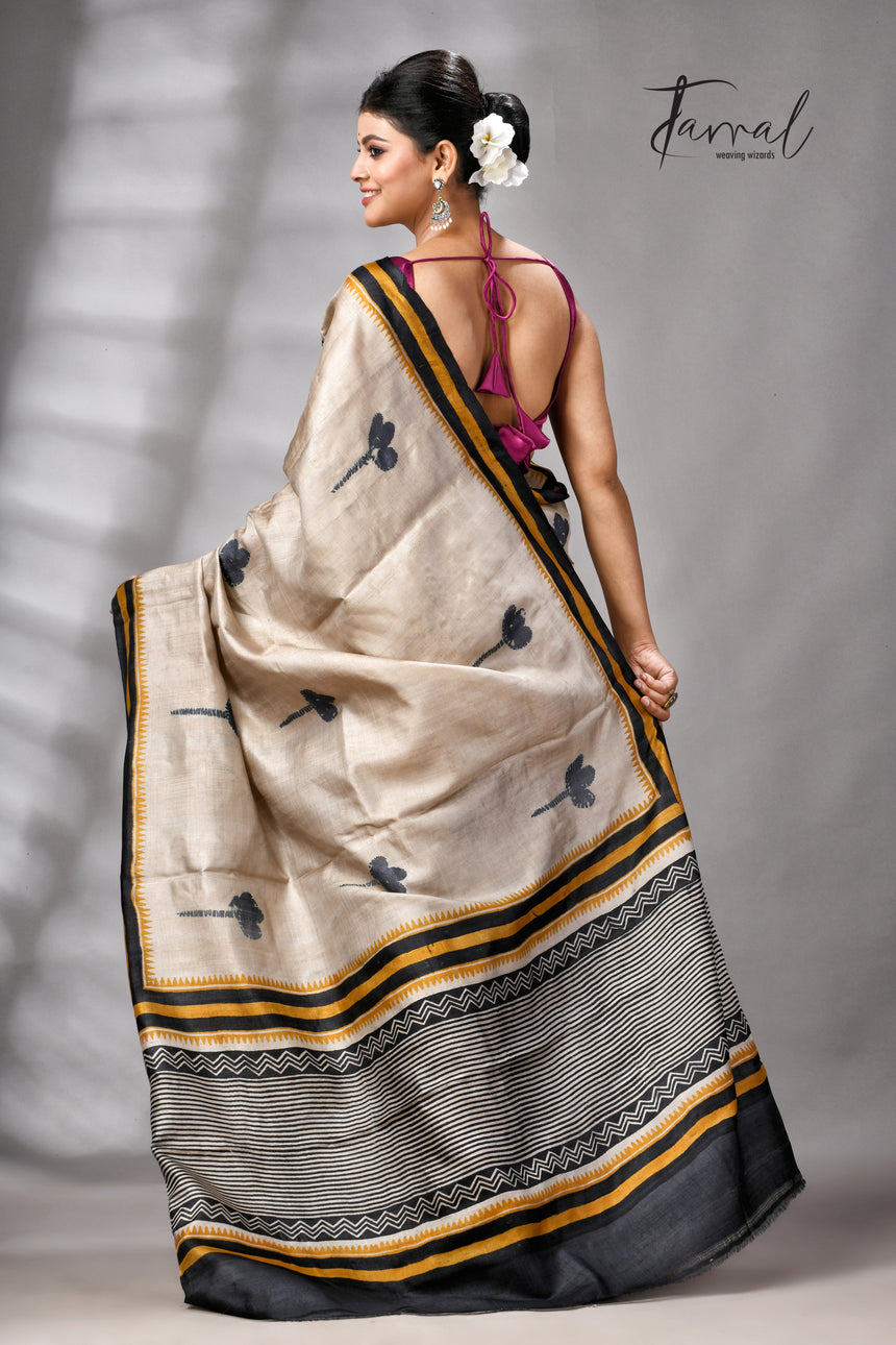 Muga With Golden Yellow & Black Pure Tussar Silk Hand Block Print Saree