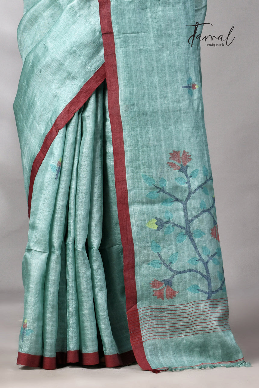 Teal Blue Colour Pure Tussar Silk Handwoven Needle Work Jamdani Saree