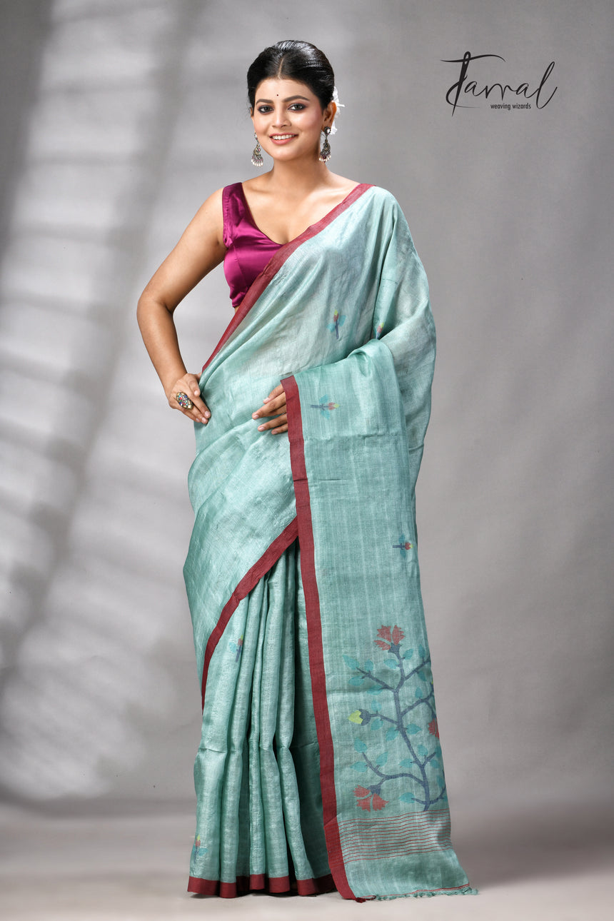 Teal Blue Colour Pure Tussar Silk Handwoven Needle Work Jamdani Saree